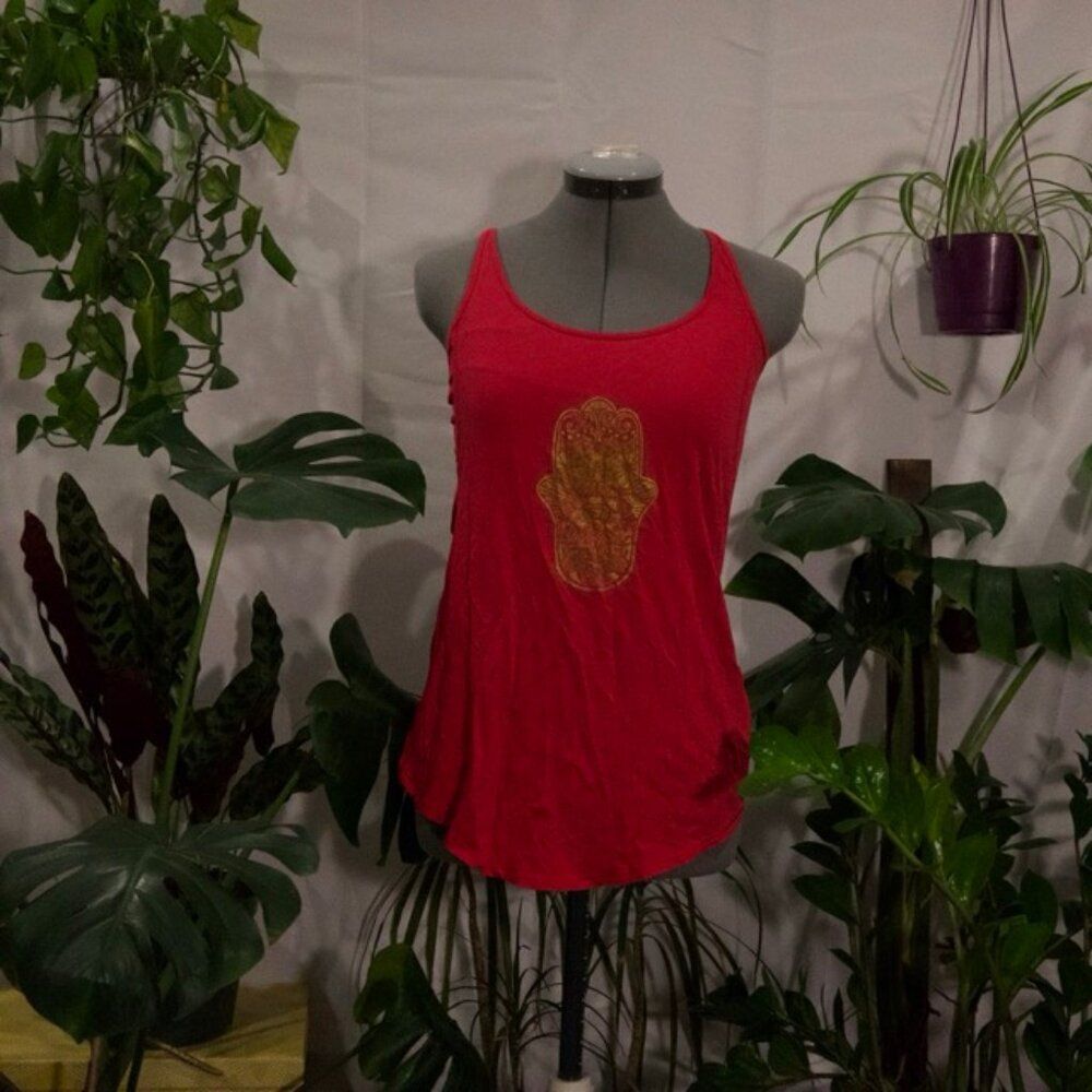 Lululemon Pink Racerback Tank with Golden Hamsa Graphic, Size M